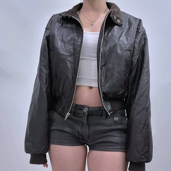 Cropped Leather Brown Sherpa Fleece Winter Jacket - Picture 1 of 6